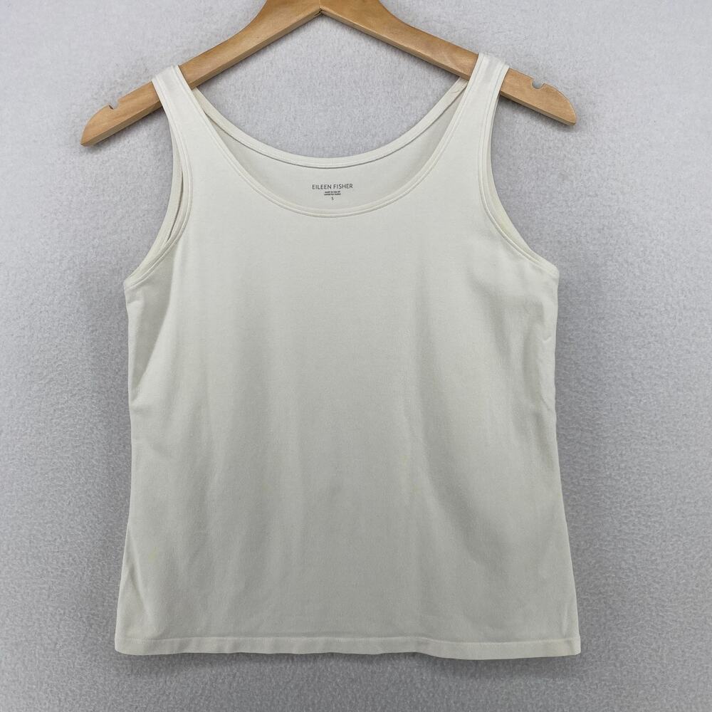 EILEEN FISHER Tank Top S Organic Cotton Stretch Jersey Scoop Neck Off White USA